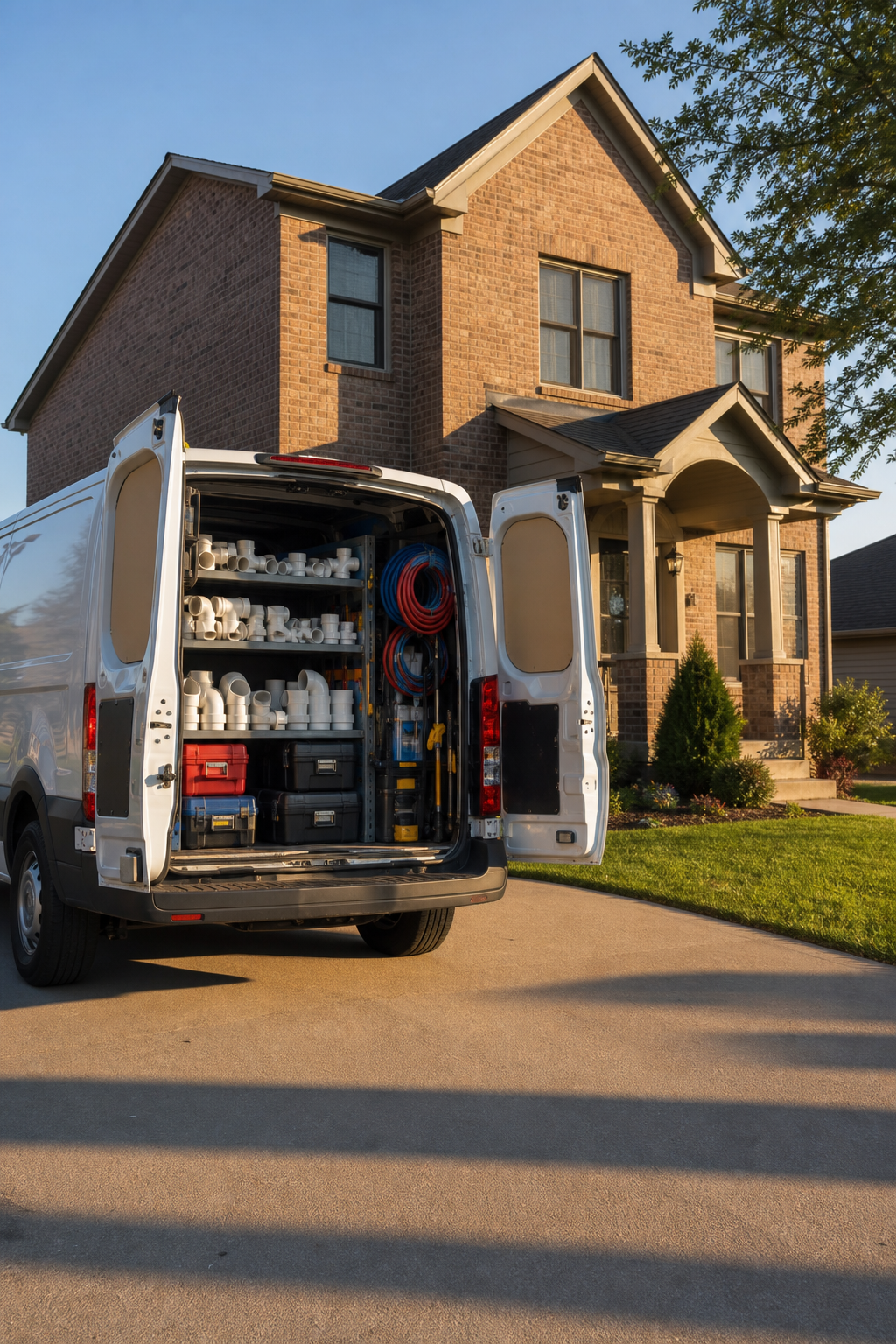 KC Sunshine Plumbing service van parked outside a Kansas City home