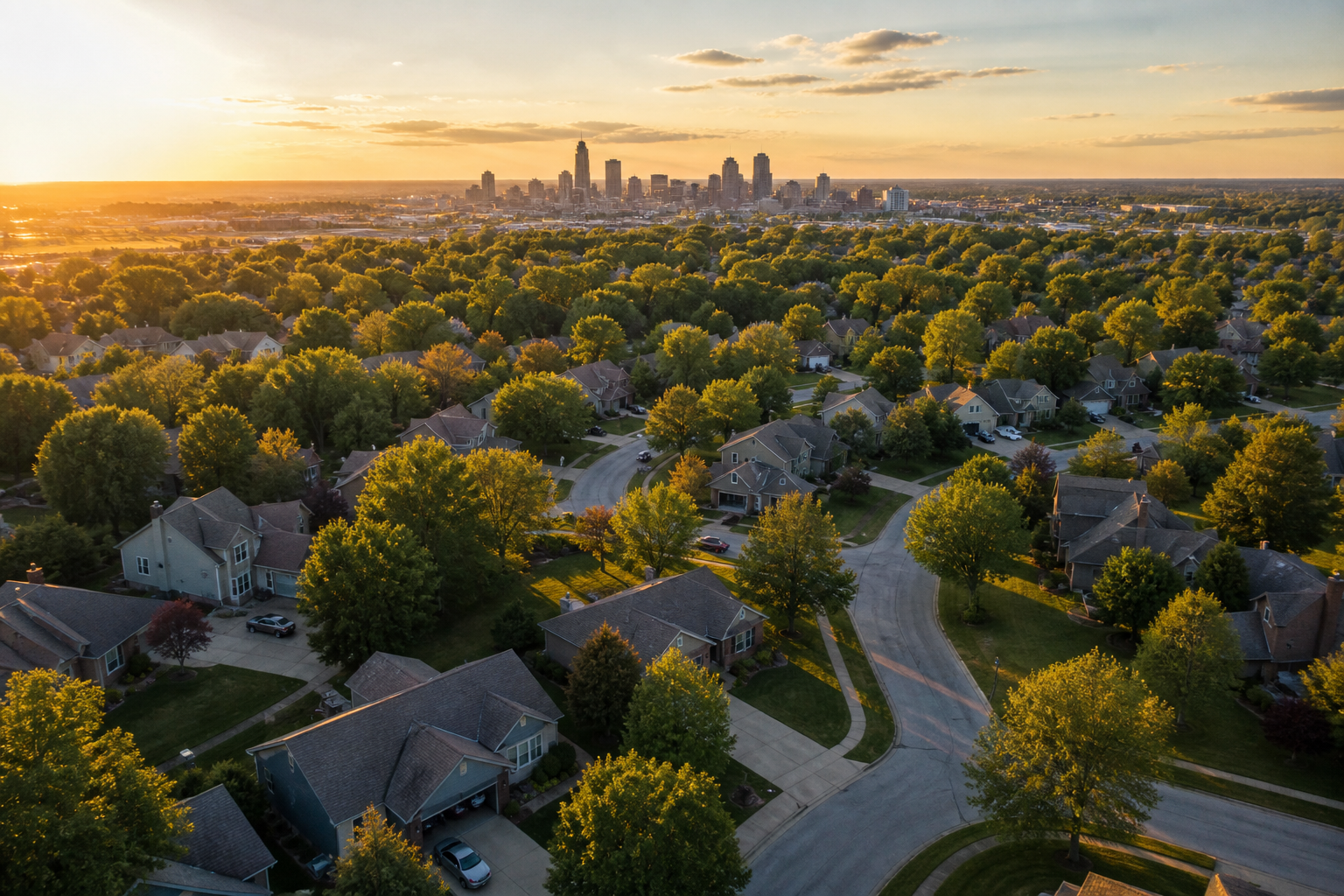 Aerial view of Kansas City neighborhoods served by KC Sunshine Plumbing